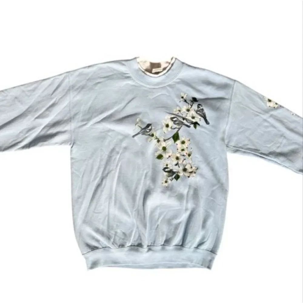 Artisans Apparel Sweatshirt M Layered Collar Light Blue White Dogwood Birds